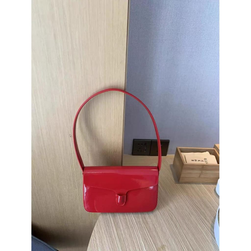Premium Retro Red Underarm Bag Women's Style Patent Leather Small Square Bag Commuting Versatile Portable Bag