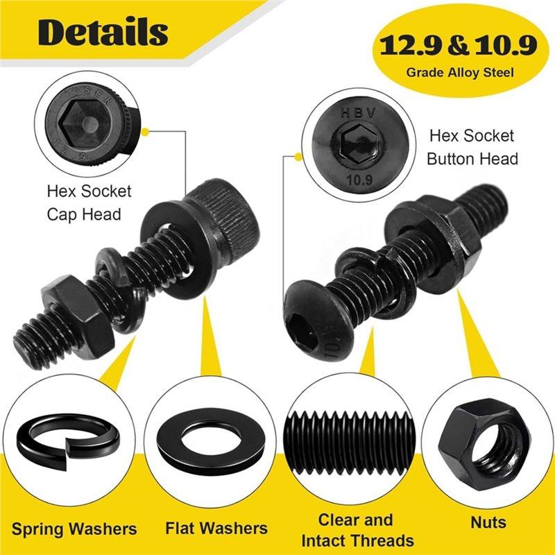 ABYN-1500PCS Screws With Nuts Assortment Kit, Hex Socket Button & Cap Head Bolts Nut And Washers Set For 3D Printer