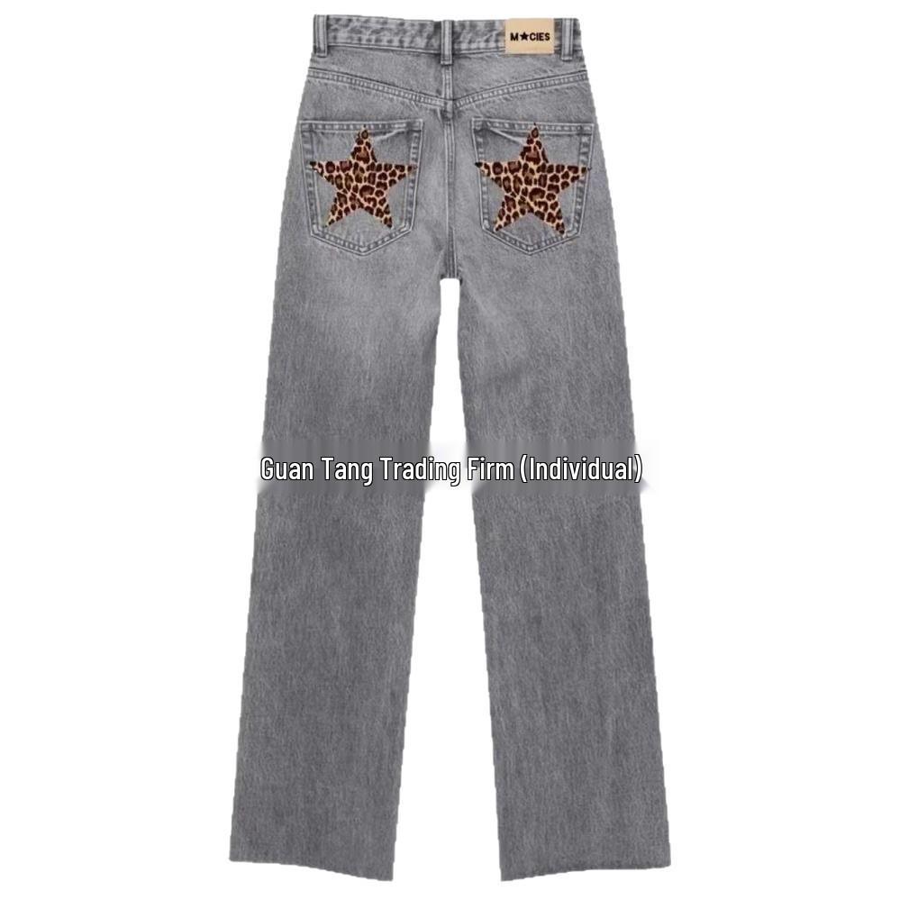 Women's Retro Leopard Star Patchwork Straight-Leg Jeans