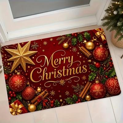 1pc Christmas Themed Flannel Doormat, Wine Red with Golden Glitter "Merry Christmas" Decoration, Entrance Mat, Foyer Non-Slip Foot Mat