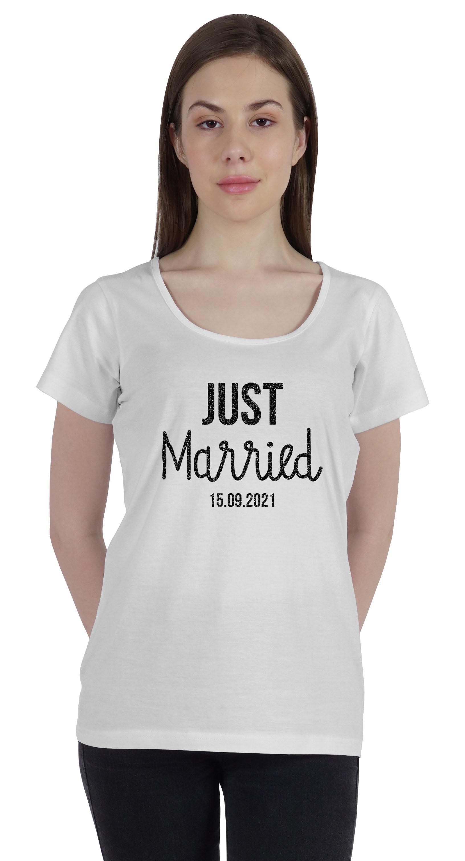 

Inkdotpot Personalized Womens Tshirt Top Just Married Wedding Announcement XS білий