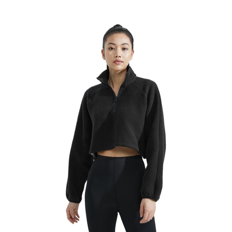 Calvin Klein Solid Color Minimalist Embroidered Letter Stand Collar Fleece Short Sweatshirt Women Sweatshirt Space-Black 4WF3W327001