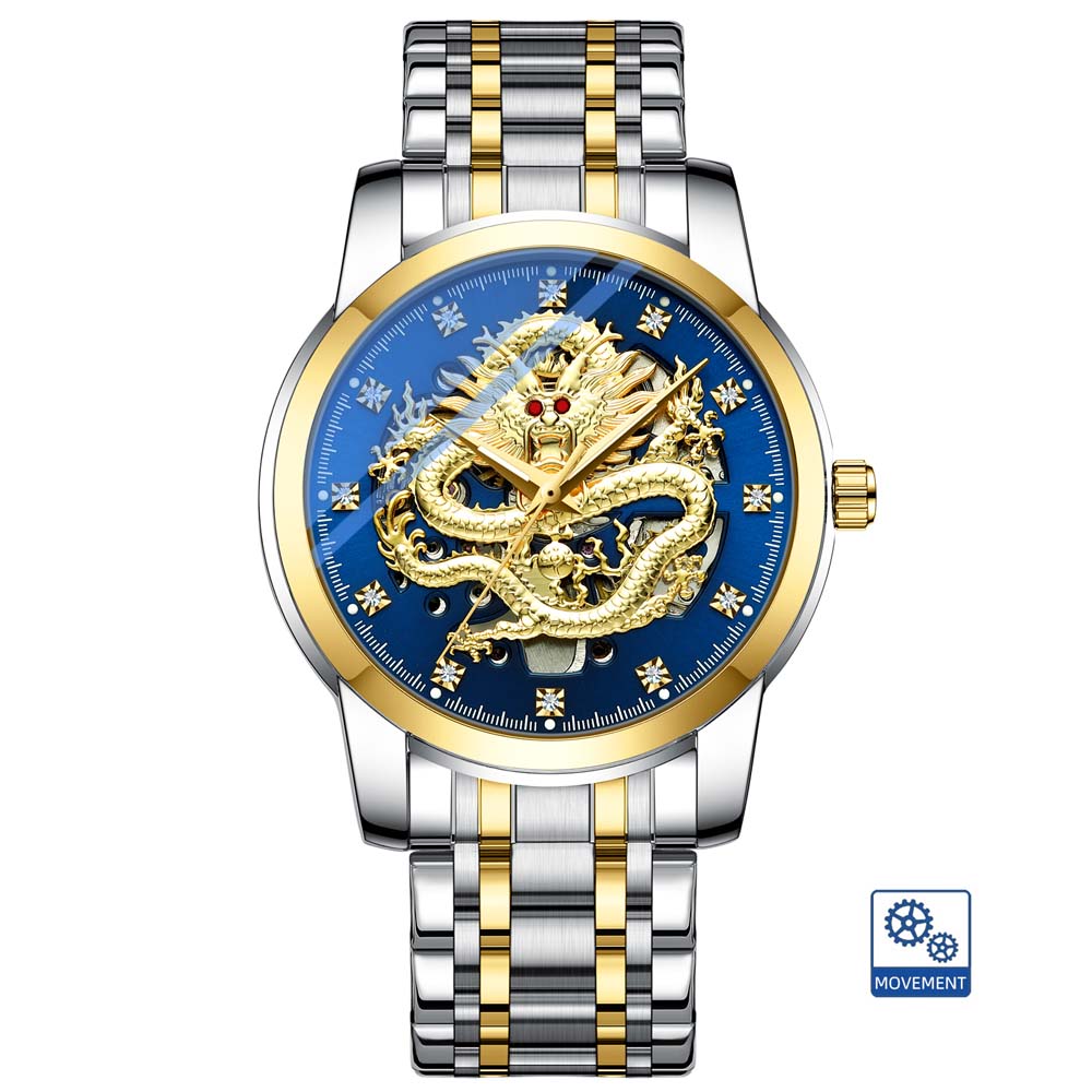 CHENXI Fully Automatic Mechanical Watch Embossed Golden Dragon Skeleton Design Waterproof Chinese Dragon Fashion Men's Watch