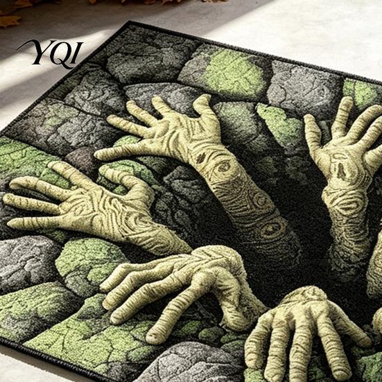 Durable Bedroom Floor Mat 3D Skeleton Halloween Rug, Spooky Optical Illusion Entrance Depth Decorative Living Room Rug Pattern Non-Slip for Decor