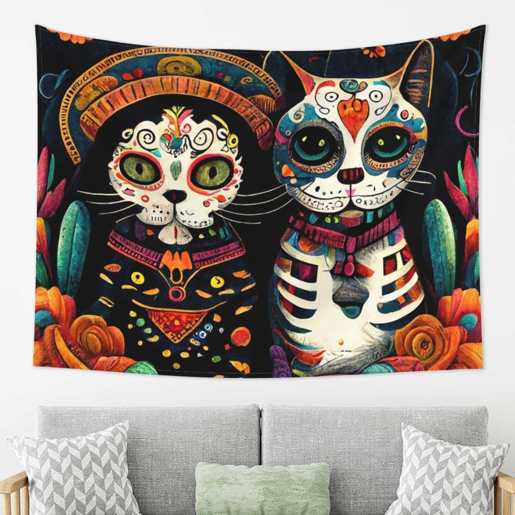 Day Of The Dead Kitten Cat Sugar Skull Dia De Los Muertos Tapestry Wall Hanging Aesthetic Home Decor Tapestries for Dorm Room