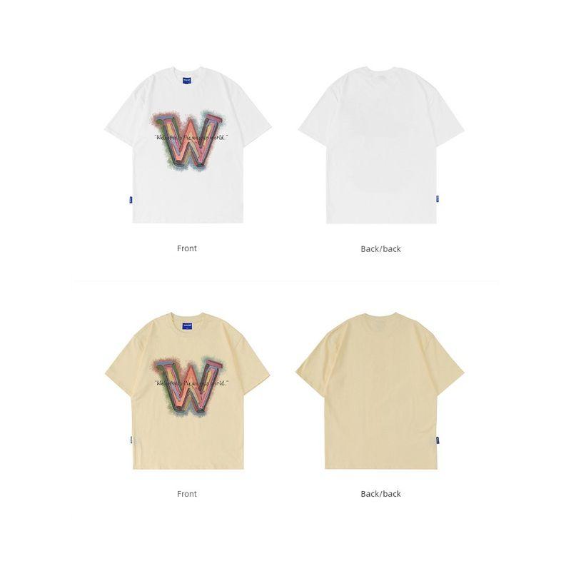 Wassup Retro Inkjet Letter T-Shirt Short-Sleeved Men's Summer Loose Casual Heavyweight Pure Cotton Couple's Round Neck Top