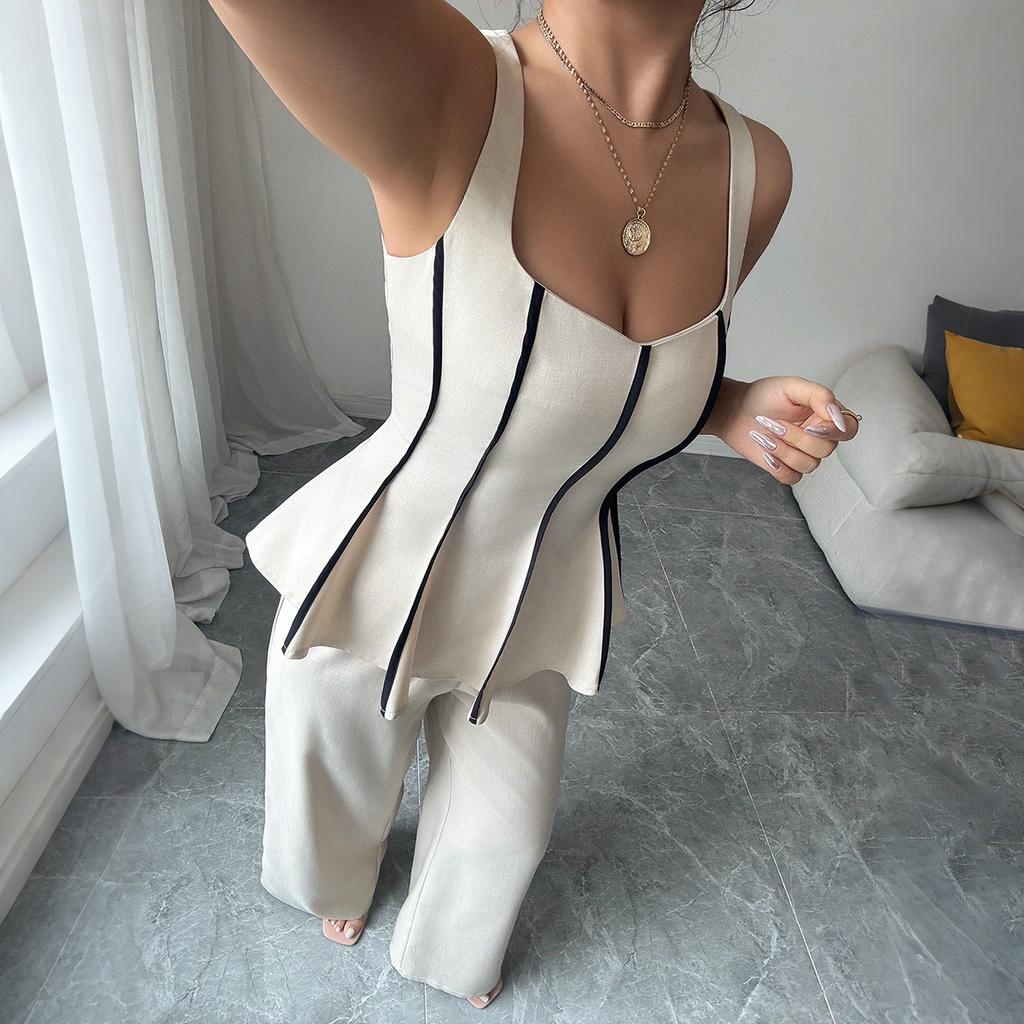 Elegant and Refined Style Halter Top, Solid-color Long Pants Set for Women's Summer