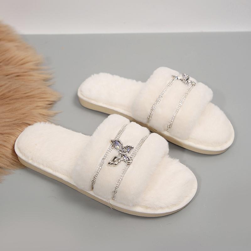 Metal Butterfly Decor Plush Slippers Women Indoor Home Open Toe Faux Fur Slides Woman Shiny Crystal Comfortable Fluffy Slippers