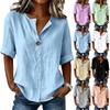 Women V Neck Short Sleeve Linen Cotton T Shirt Casual Loose Fit Blouse Button Front Lightweight Summer Top for Daily Wear