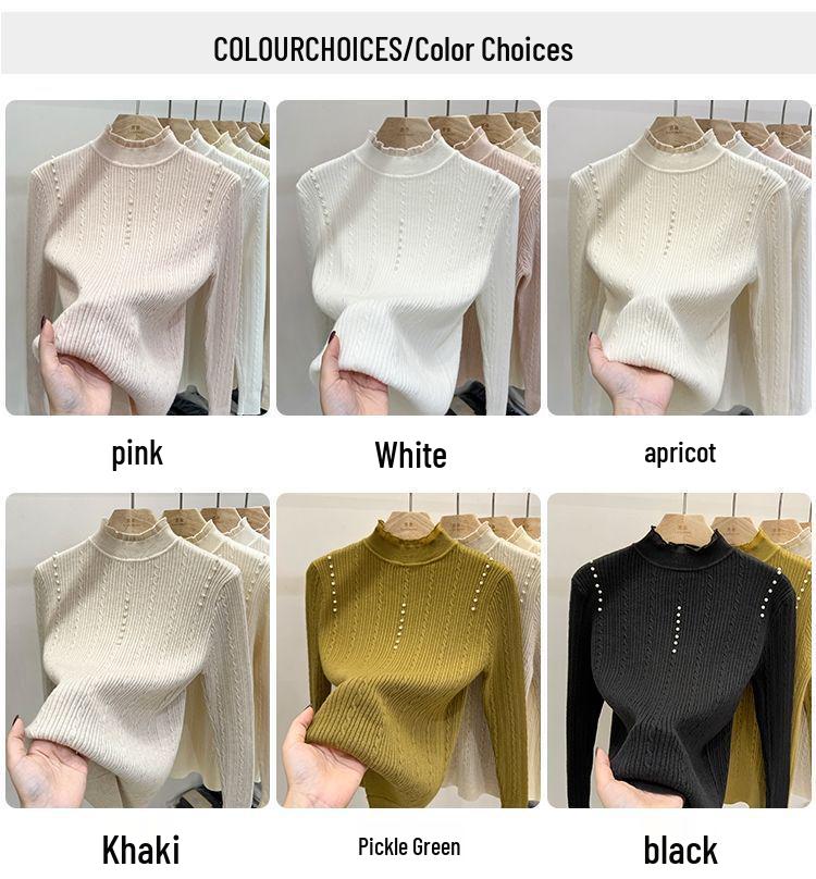 Lace Turtleneck Pearl Sweater: Long Sleeve Petite Knitwear for Autumn/Winter Women