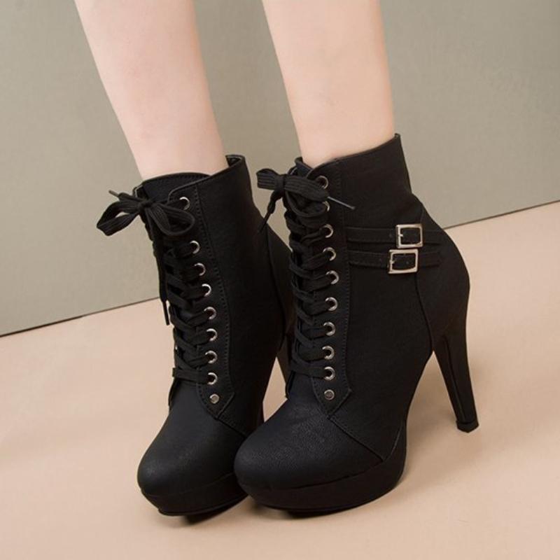 Spring Women Boots Fashion Sexy High-heeled Boot Thin Heels Belt Buckles Tied Ankle Boot Simple Elegant Temperament Women Shoes