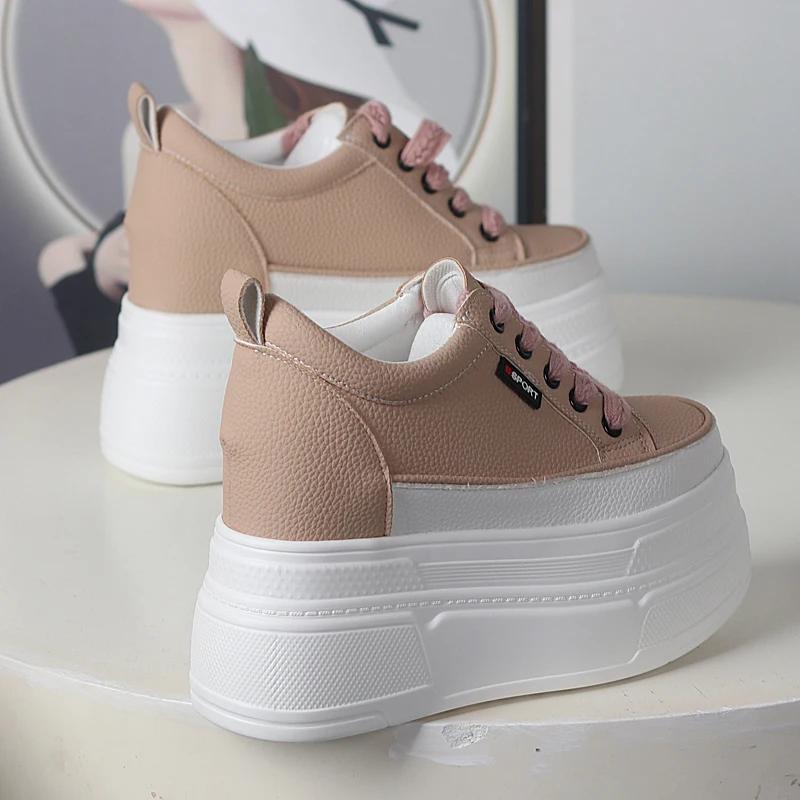 Fashion 12CM Cow Genuine Leather Women Skate Boarding High Brand Chunky Sneaker Casual Vulcanized Shoes Platform Wedge Stable Shoes