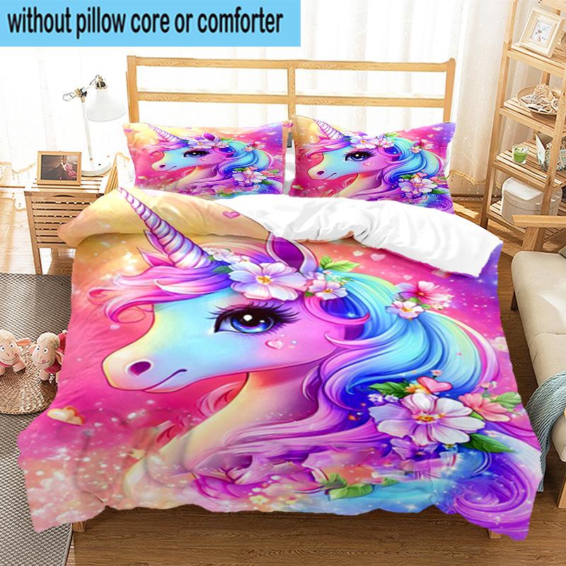 Magical Unicorn Fantasy 3pcs Bedding,Including 1pc Duvet Cover And 2pcs Pillowcases Perfect for Christmas,Ideal for Bedroom, Dormitory