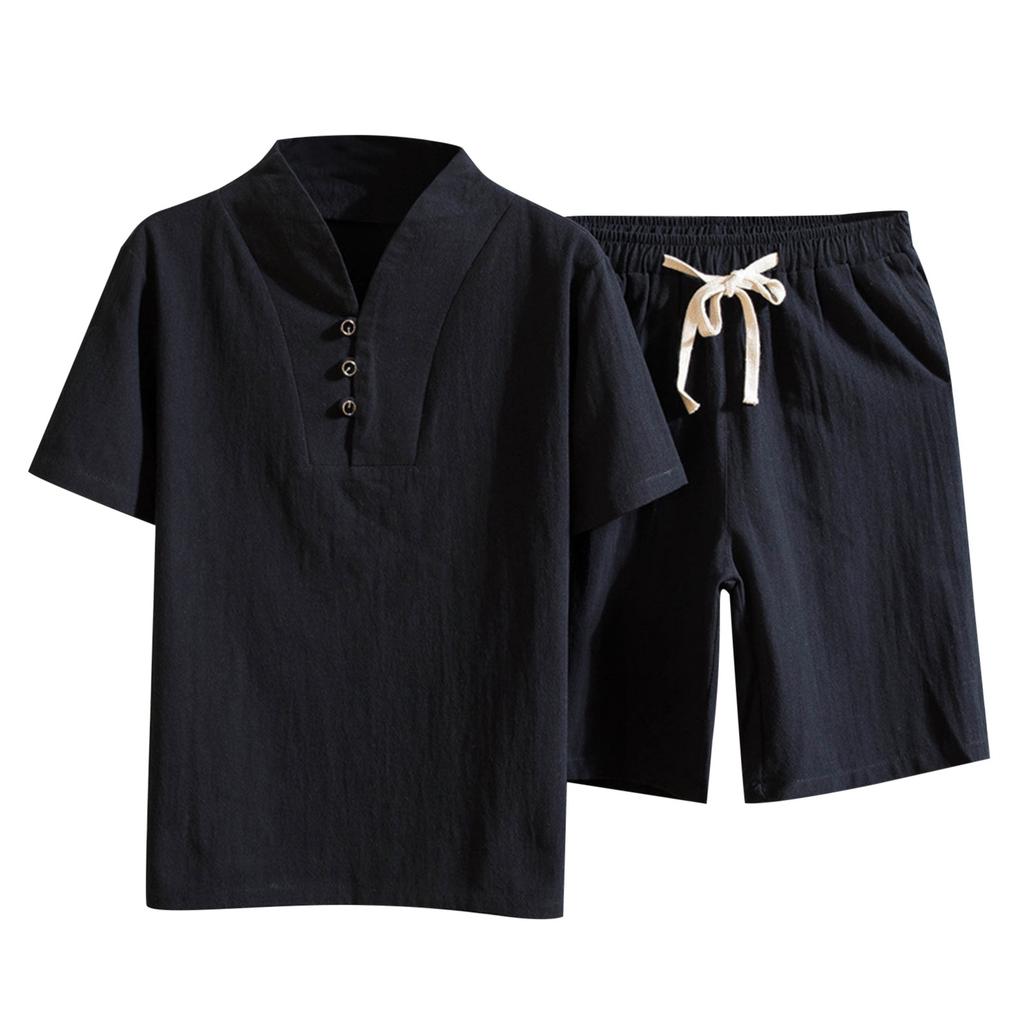 Men's Summer Solid Color Cotton Linen Two-piece Thin Short-sleeved T-shirt + Shorts Suit