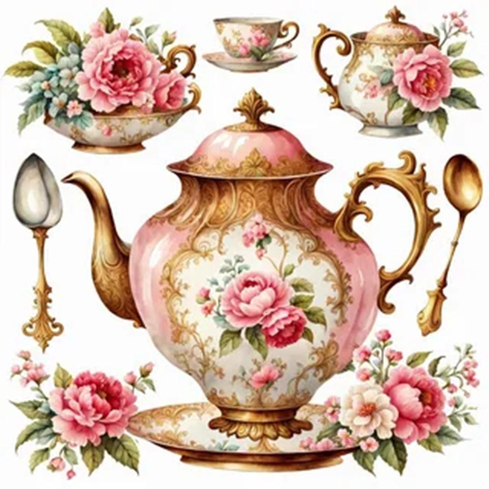 5D DIY Diamond Painted Kit Colorful Flower Tea Cup Handmade Cross Embroidery Dream Tea Pot Rose 2024 New Decoration Gifts
