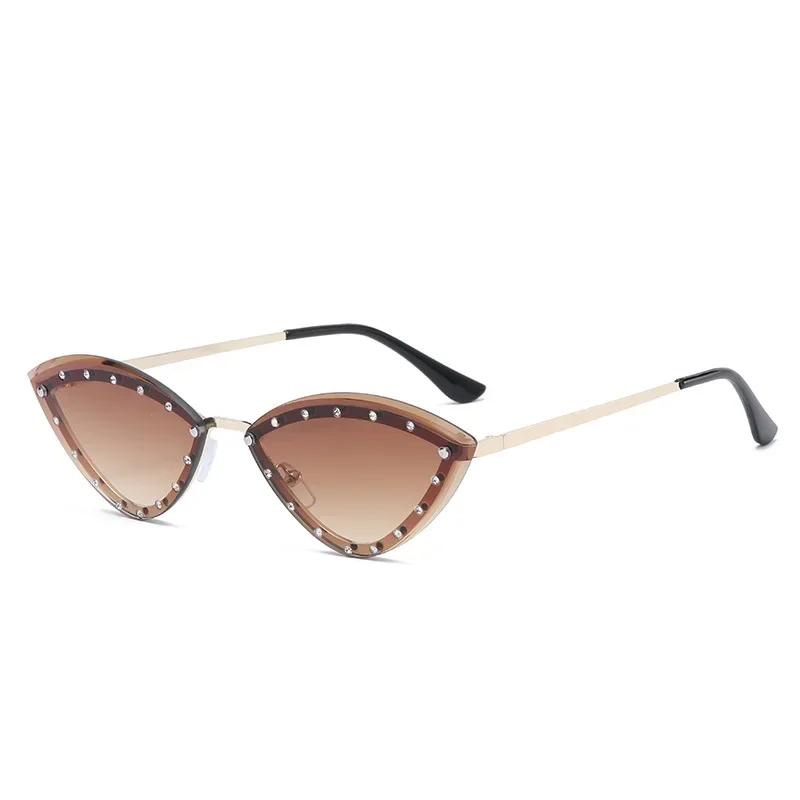 Vintage Cat Eye Women Luxury Diamond Sunglasses Rimless Ocean Lens Female Triangle Rhinestone Sun Glasses Shades Uv400