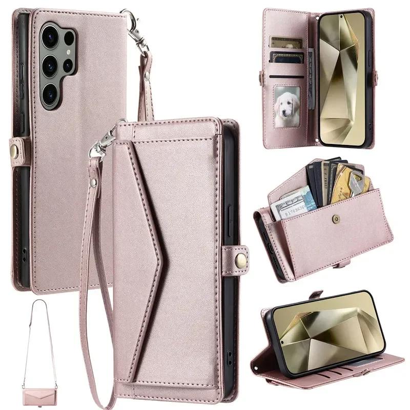 

Crossbody Leather Wallet Card Phone Case for Samsung Galaxy S25 Edge S24 Ultra S23 FE S22 S21 S20 S10 Plus Note 20 Lanyard Cover Samsung Note20 Ultra рожевий