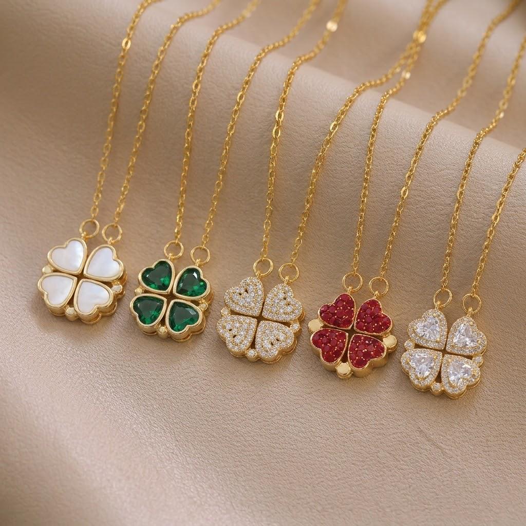 Women's European & American Style Four-Leaf Clover & Heart Pendant Clavicle Necklace
