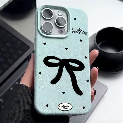 Black Bowknot Love Hearts Print Soft Matte Case For iPhone 16 Pro Max 15 Pro 14 13 12 11 TPU Leather Texture Shockproof Slim Phone Cover
