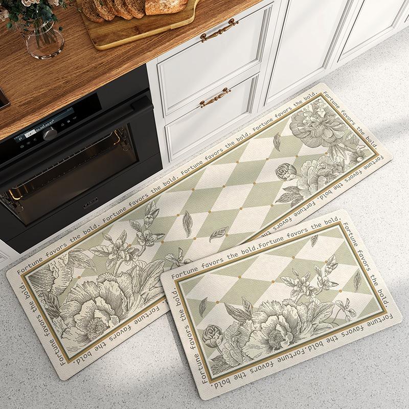 Long Rug Retro Print Kitchen Decorative Floor Mat Home Pvc Leather Waterproof Carpet Dirt-resistant Non-slip Foot Mats