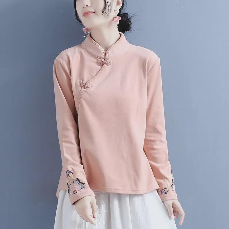 

Женская рубашка из немецкого бархата с вышитым воротником-стойкой, самонагревающаяся - 2024 Осень/Зима Китайский стиль XXL 135-150 jin