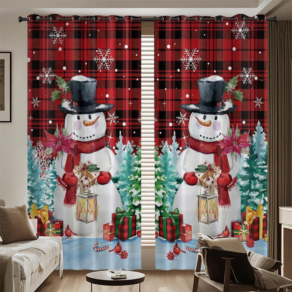 2pcs Christmas Snowman Print Blackout Curtains Multiple Sizes Living Rooms Holiday Insulation Decoration Easy Installation