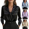 Women Shirt Lapel V-neck Knot Pleated Design Long Sleeve Pullover Tops Pure Color Smooth Satin Casual Tops Daily Wear