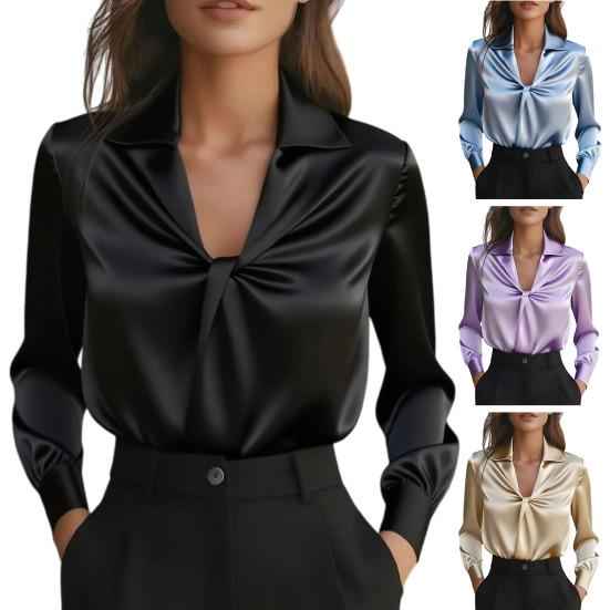 Women Shirt Lapel V-neck Knot Pleated Design Long Sleeve Pullover Tops Pure Color Smooth Satin Casual Tops Daily Wear