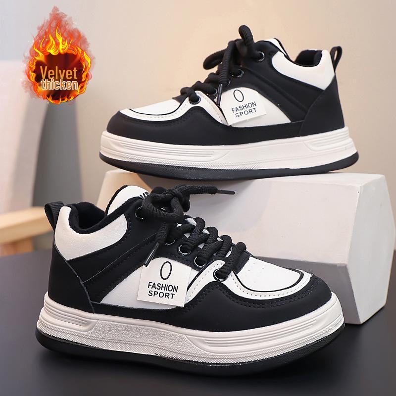 Children's Leather Casual Warm Cotton Sports Shoes - Autumn/Winter Versatile Campus Style.