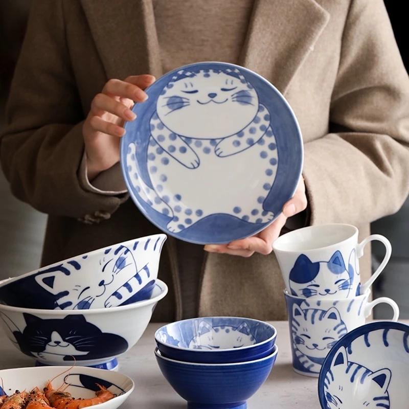 Piatto Ceramico Gatto Carino Piatto Giapponese Ciotola in Porcellana Bianca e Blu Piatto Creativo Personalità Casa Tavola Cucina Casa Qualità