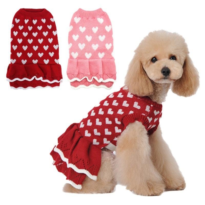 Valentines Day Pet Sweater Dress for Small Dogs All Size Cats Heart Pattern Designs Knitdress Turtleneck Knitwear