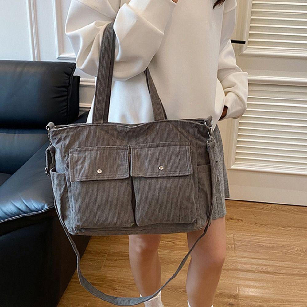 Trendy Large Capacity Corduroy Tote Bag Vintage Pure Color Multi-pocket Shoulder Bag Elegant Handbag Casual Underarm Bag Holiday