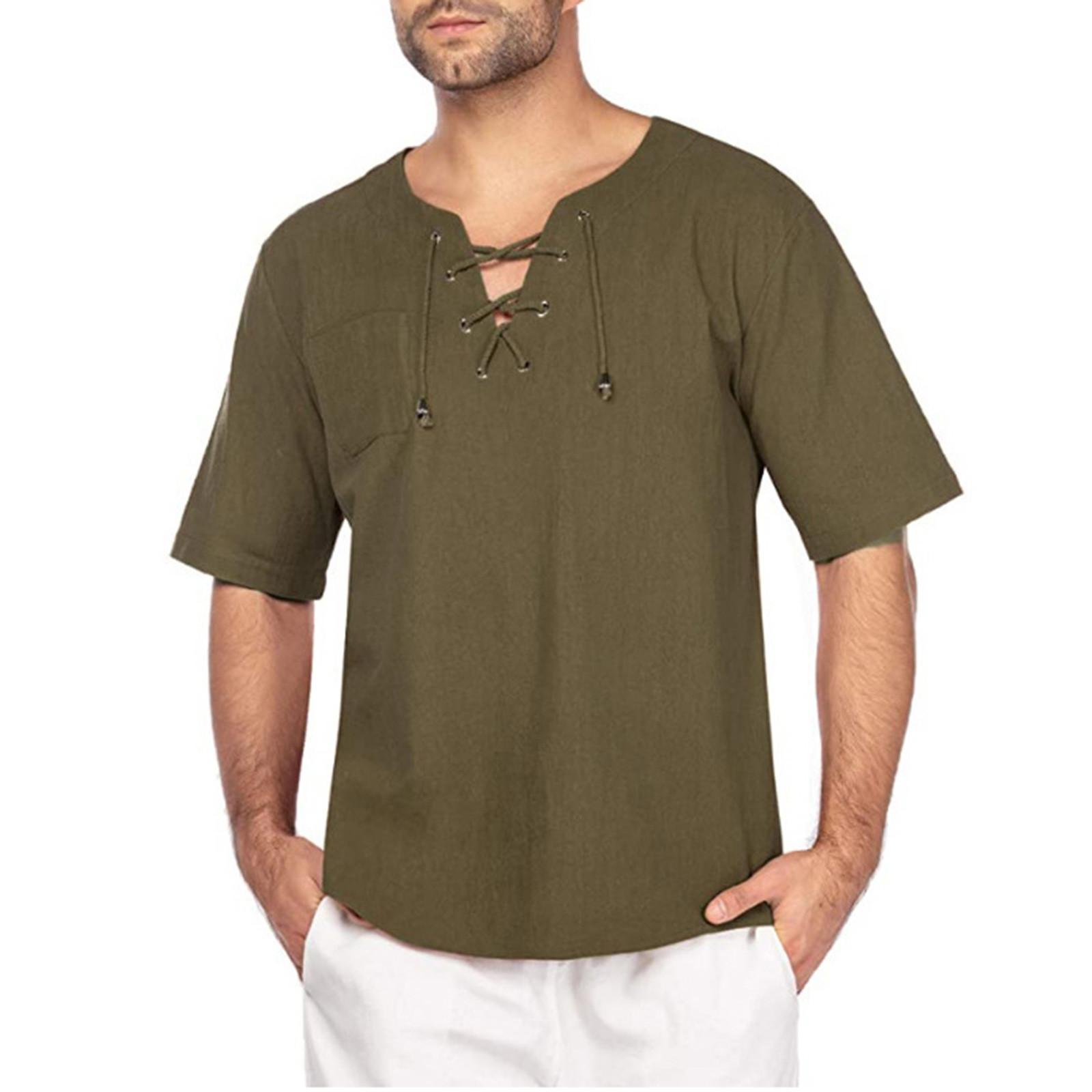 Men s Loose Casual Summer Cotton Linen Short Sleeve T-shirt Collar Tie Casual Shirt L