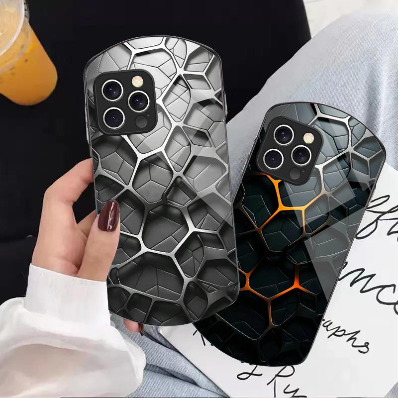 Cool Honeycomb Color For Iphone 11 12 13 14 15 16 Pro Max Plus Mini 7 8 Se 2020 X Xs Xr Elliptical Tempered Glass Phone Case