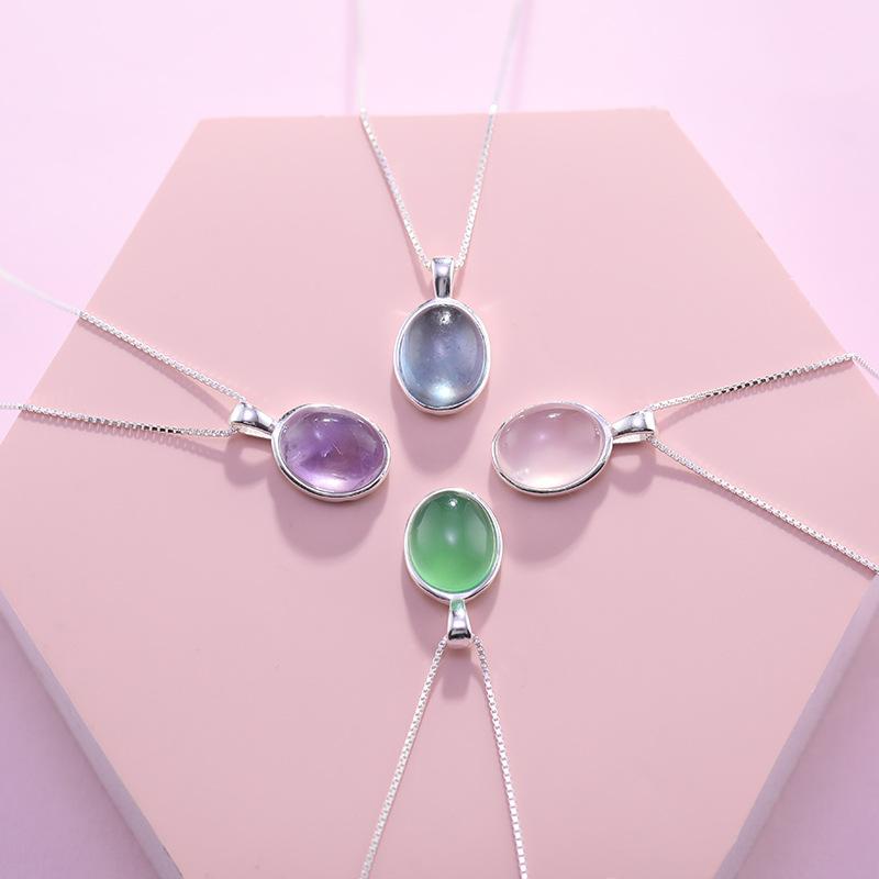 S925 Sterling Silver Natural Aquamarine Necklace for Women Elegant Oval Moonstone Pendant Clavicle Chain
