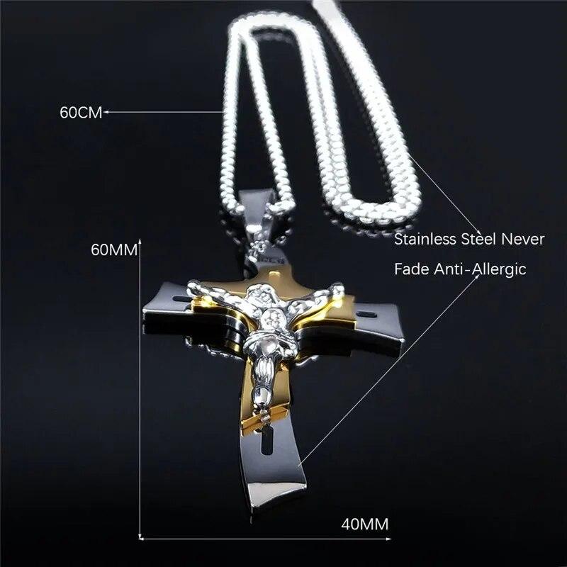 Crucifix Crucifix Crucifix din oțel inoxidabil Colier cu pandantiv cu mai multe straturi Colier de culoare aur argint pentru bărbați Bijuterii collier homme NXH43S02