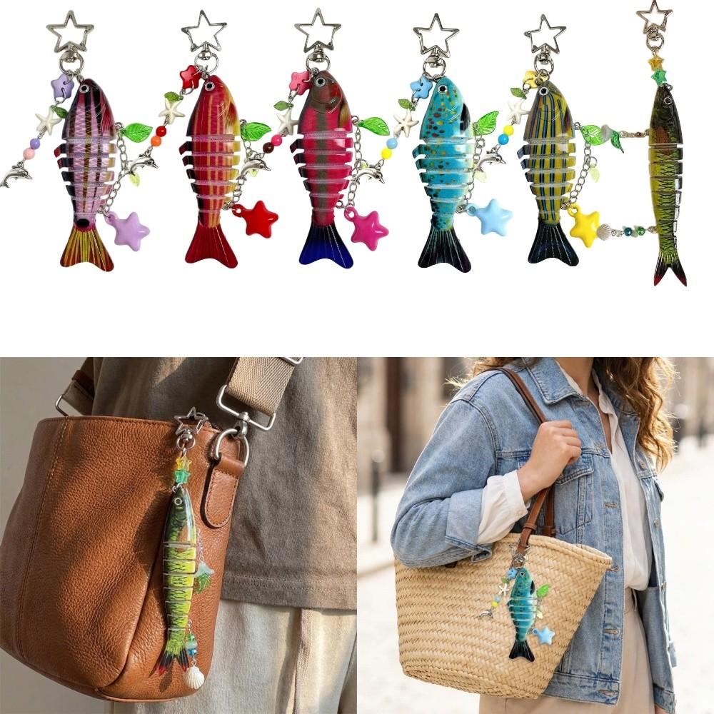 New Plastic Imitation Fish Keychains Multi Jointed Beaded Fish Hook Key Chain Ocean Style Keychain Pendant Bag Accessories