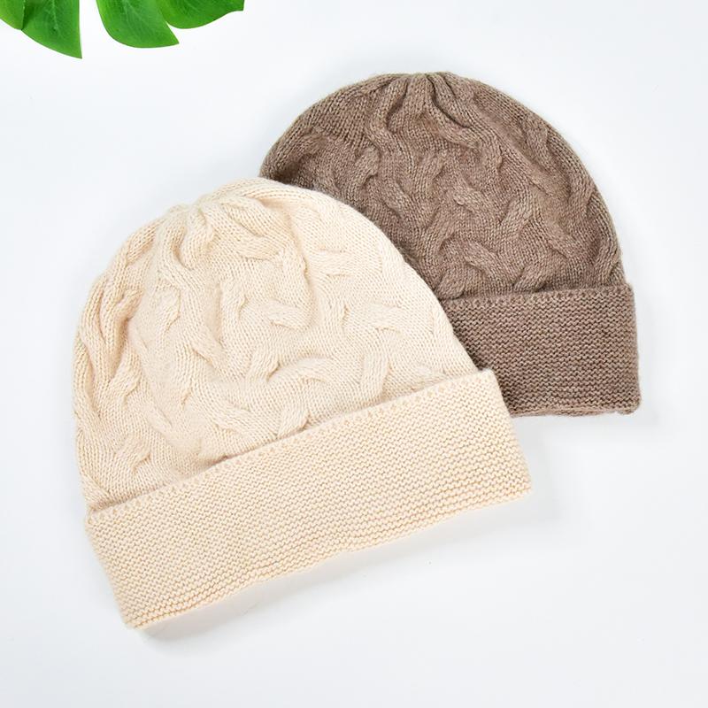 Custom Wool Cashmere Winter Beanie Hat Women Warm Wool Knitted Cuff Beanie Caps With Custom Logo Patch