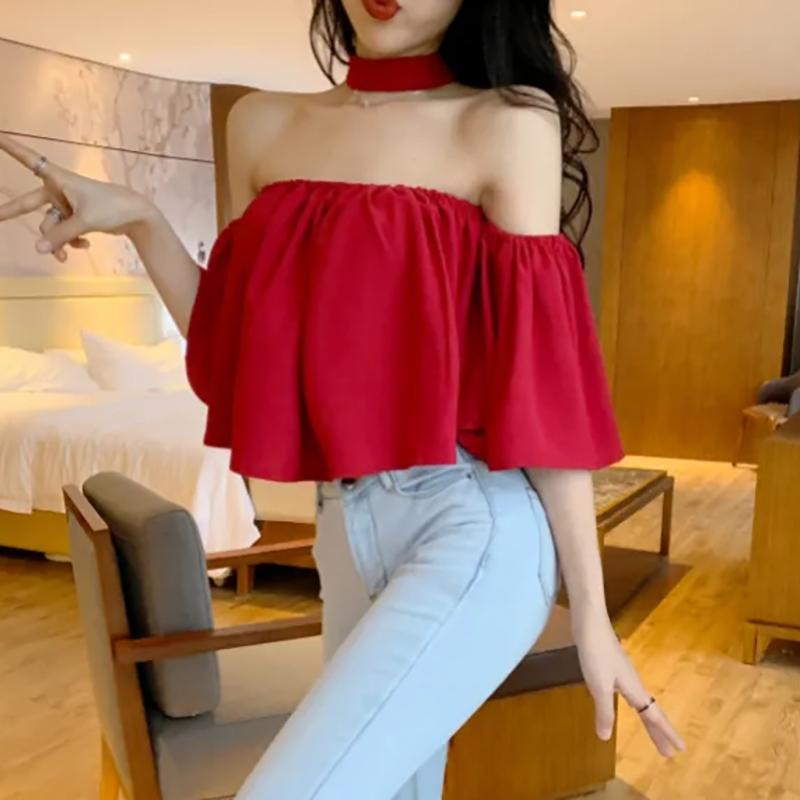 WTEMPO Léto s vypnutým ramenem Korejský styl Krátké topy s ohlávkou Dámské Jednobarevné Šifonové halenky Krátký rukáv Krátký rukáv