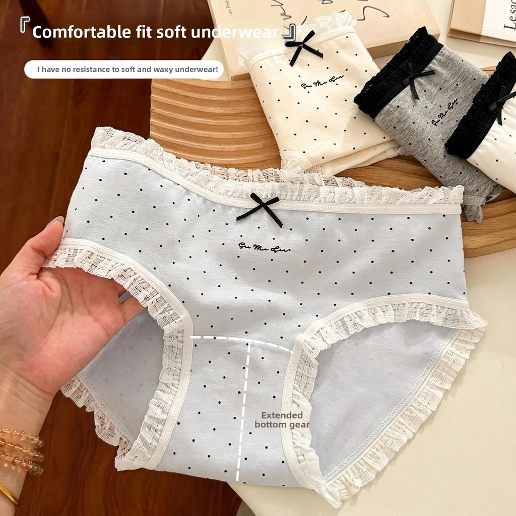 Female Spring and Summer Point Pure Cotton 10A Antibacterial Extended Skin Friendly Breathable Mid Waist Briefs