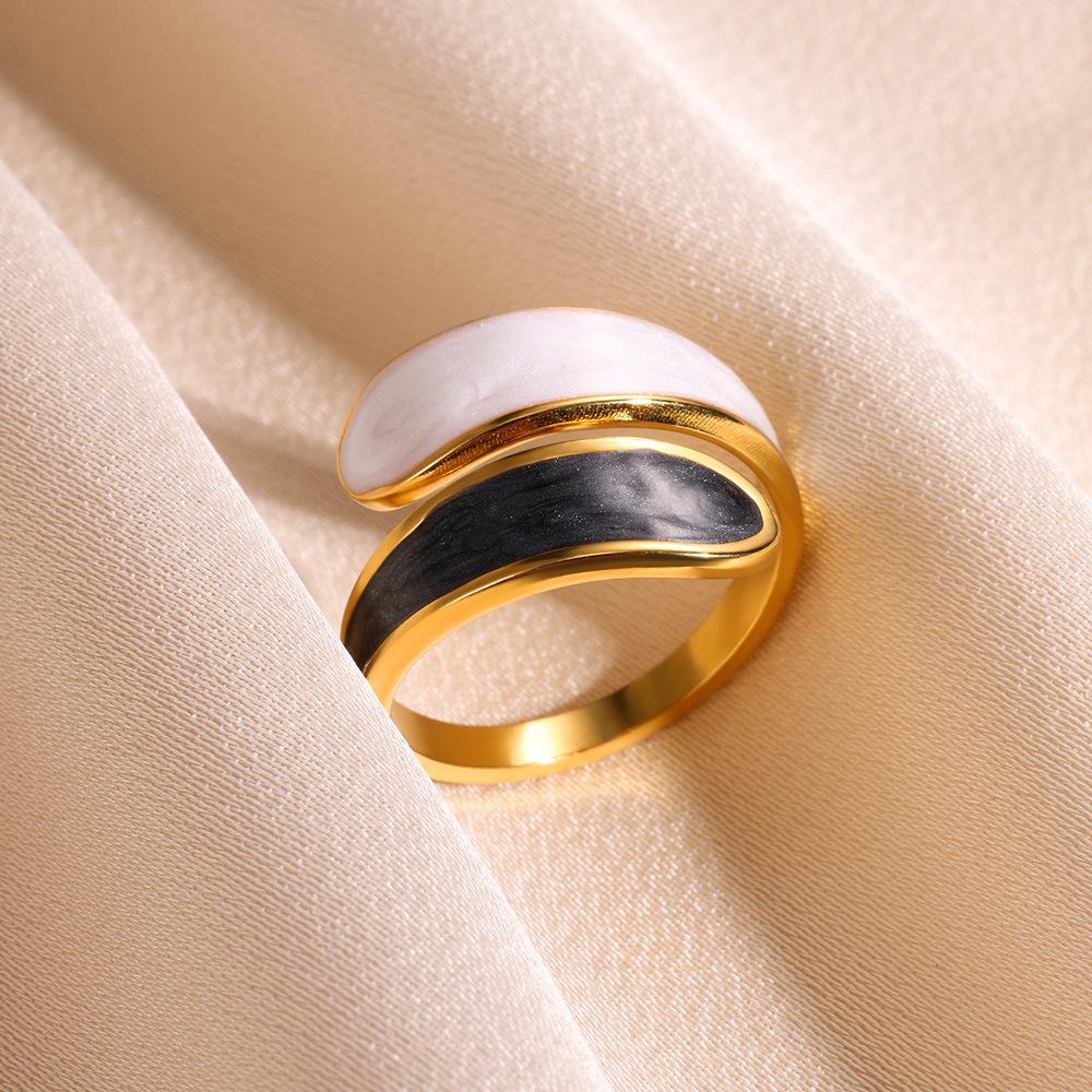 Stainless Steel Black and White Ring with Enamel Simple Double Layer Oil Dripping Adjustable Open Finger Ring for Women No Fade