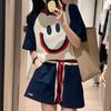 Women's Plus Size Smiley Face Embroidered Sports Suits - Summer Loose Casual Short-Sleeved Shorts Two-Piece Set, Trendy Style