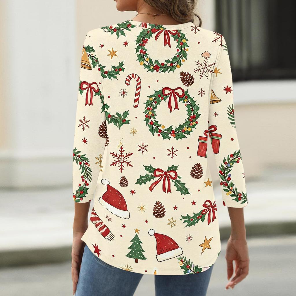 Women's Fashion Casual Christmas Print V-Neck Button Three-Quarter Sleeve T-Shirt