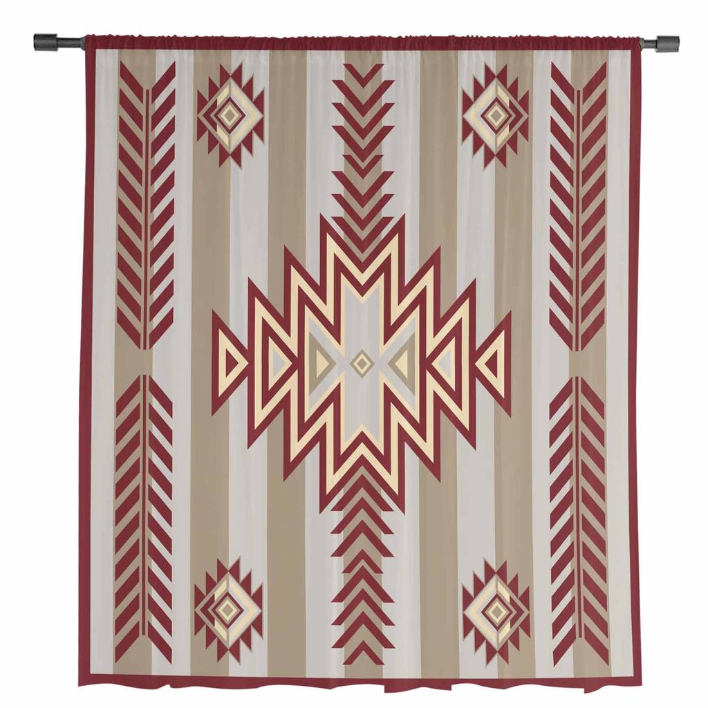 Bohemian Aztec Rural Farmhouse Red Sheer Curtains for Living Room Decoration Window Curtains Kitchen Tulle Voile Curtains