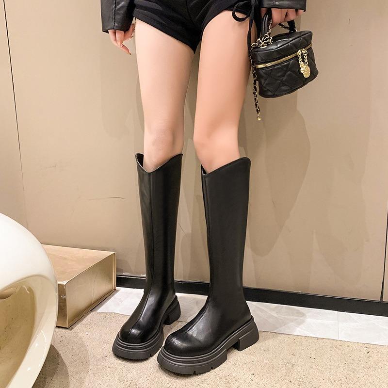 Schwarze Designer Plateau Ritterstiefel für Damen Herbst Winter Weichsohlige Damenschuhe Mode Erhöhen Koreanische Lange Stiefel Damen