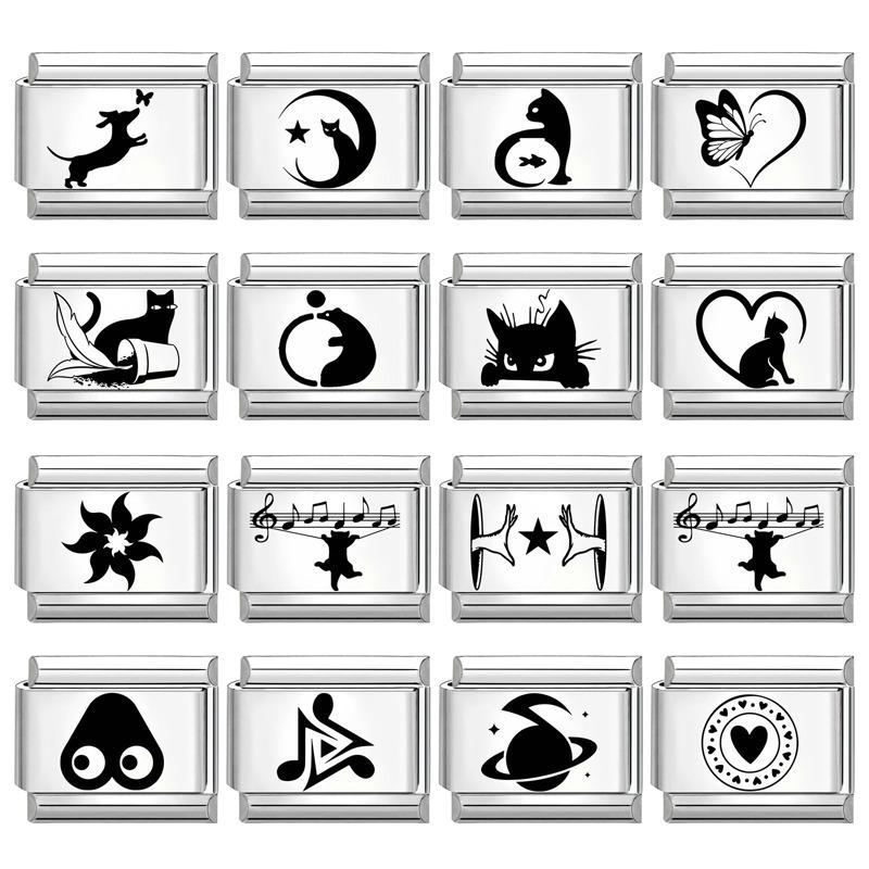 Cute Laser Engraving DIY Italian Charm Bracelet Butterfly Cat Heart Fish Music Beads 9MM Stainless Steel Personalized Jewelry