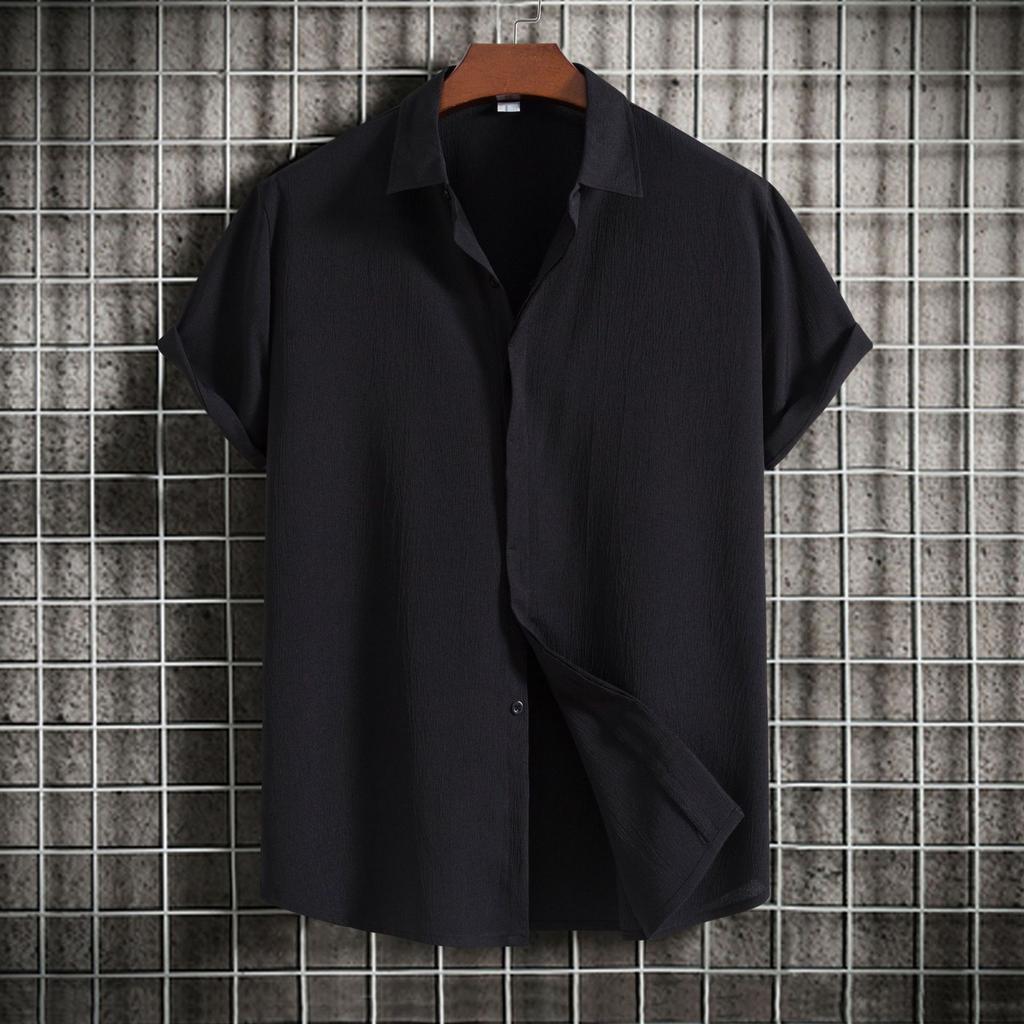 Summer Cotton Linen Shirt for Men's Lapel Loose Solid Color Hide Button Up Short Sleeve Shirts