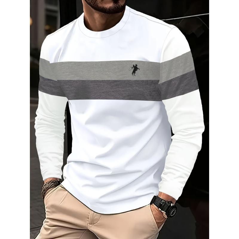 Men's Casual Striped Printed T-shirt 3D Printed Breathable Quick-drying Round-neck Long-sleeve T-shirt, Simple Style Workwear