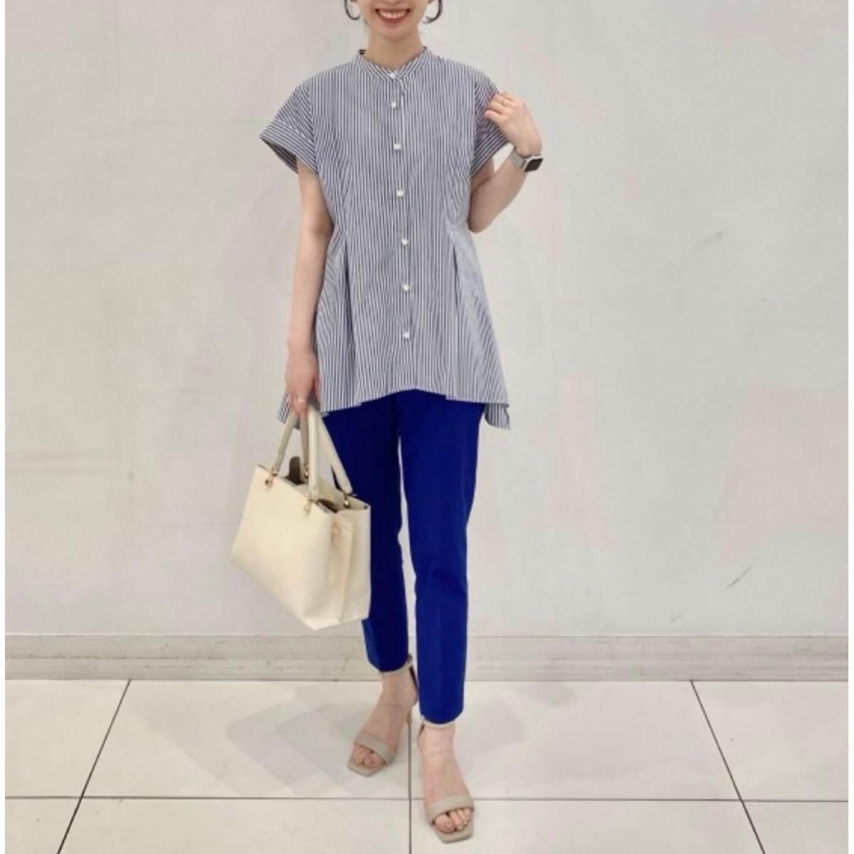 [Good Condition] PLST Plaste Short Sleeve Shirt A-Line Border Stripe M Pearl Style Button Dinner Party Lunch Outing Travel Elegant