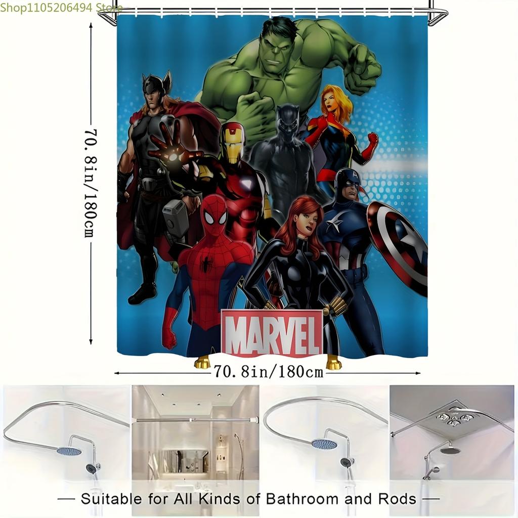 1pz Tenda da Doccia Supereroe Marvel con Ganci - Design Vibrante in Poliestere, Lavabile in Lavatrice, Senza Fodera, Personaggio dei Cartoni Animati Bagno